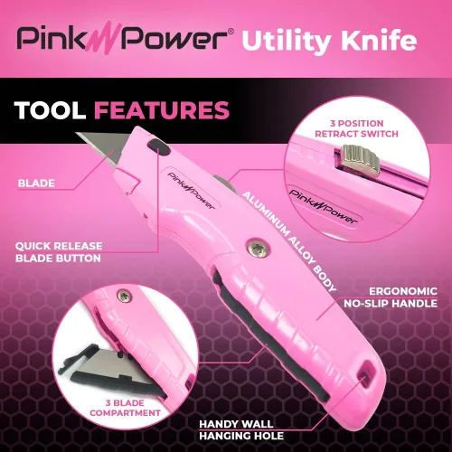 Miniatura 2 de Pink Power Cortador de cajas retráctil, cuchillo de utilidad rosa para alfombra, lindo cuchillo cortador de caja resistente con 3 cuchillas