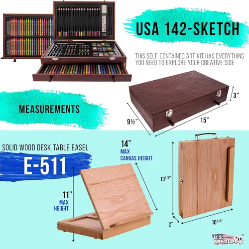 Miniatura 3 de U.S. Art Supply Juego de artista de 163 piezas en caja grande de madera con caballete, pintura, dibujo y suministros de arte para adultos