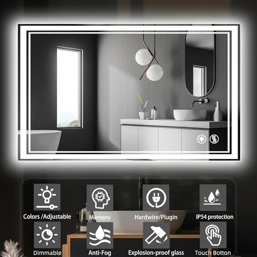 Miniatura 2 de Espejo LED de 48 x 28 pulgadas para baño, espejo de baño antivaho con luces regulables, 3 colores, luces delanteras y retroiluminadas, espejo