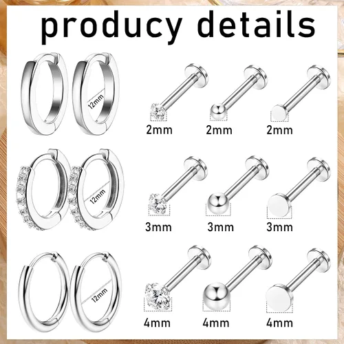 Miniatura 2 de IRONBOX Juego de 12 pares de aretes de aro de acero inoxidable chapados en oro de 18 quilates para múltiples piercings, pequeños aretes de espalda