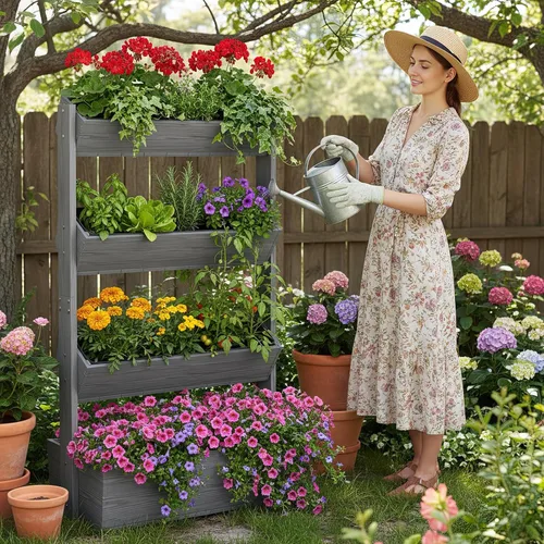 Miniatura 8 de DoCred Cama de jardín vertical elevada de madera, 4 niveles mejorados, soporte de madera independiente para plantas, hierbas, flores, verduras