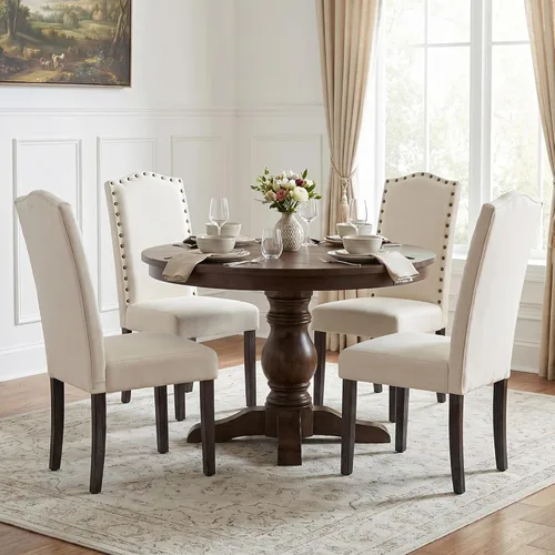 Miniatura 20 de LSSBOUGHT Juego de 2 sillas de comedor tapizadas Parsons de tela, sillas de cocina con marco de madera maciza y ribete de cabeza de clavo