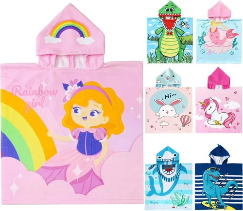 NovForth Toalla de playa para niños y niñas, envoltorio de toalla de baño con capucha, toalla de piscina para niños pequeños con capucha Rainbow Girl