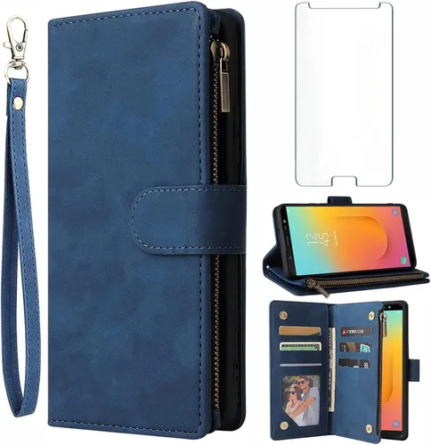 Asuwish Funda tipo cartera compatible con Samsung Galaxy A6 Plus/J8 2018 y protector de pantalla de vidrio templado, soporte para tarjetas, Azul