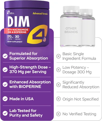 Miniatura 3 de 4Well Products Dim Supplement Complejo de 370 mg con zinc, niacinamida, bloqueador de estrógeno para mujeres y hombres, equilibrio hormonal, acné