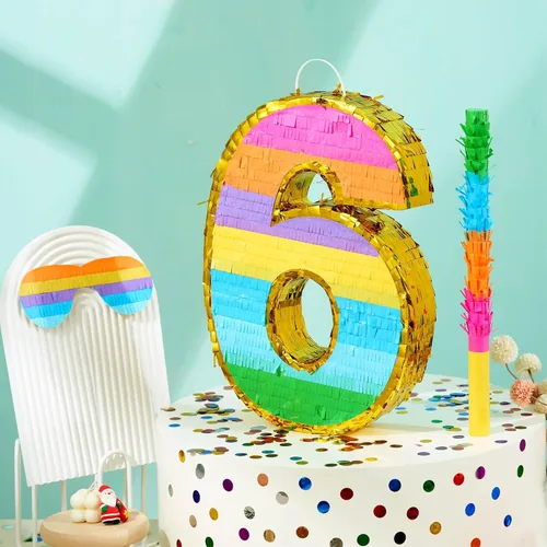 Miniatura 5 de Piñata arcoíris número 6 para decoraciones de fiesta de 6º cumpleaños, fiesta, celebración de niños, piñata de cumpleaños con palo, venda y confeti