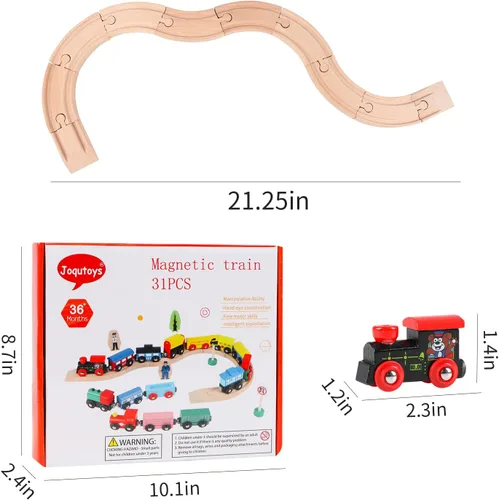 Miniatura 7 de 31 piezas de vagones de tren de madera - Juego de tren magnético incluye 15 vagones, 10 conectores de bonificación y bolsa de almacenamiento, juego