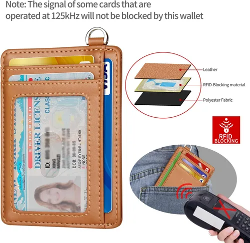 Miniatura 4 de EcoVision Cartera delgada minimalista con bolsillo frontal, bloqueo RFID, tarjetero con grillete en D desmontable para hombres y mujeres, Piel