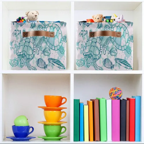 Miniatura 6 de Cesta de almacenamiento en cubo tropical con tortugas marinas y peces plegables grandes, caja de almacenamiento para juguetes, organizador