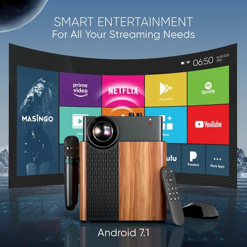 Miniatura 2 de MASINGO Máquina de karaoke portátil 4 en 1 con proyector inteligente de 1080p con WiFi, altavoz y 2 micrófonos inalámbricos. Sistema Android