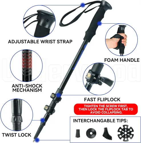 Miniatura 2 de Bastones de senderismo plegables – Paquete de 2 bastones de senderismo ajustables de aluminio, bastones ligeros para mujeres, hombres, personas Negro