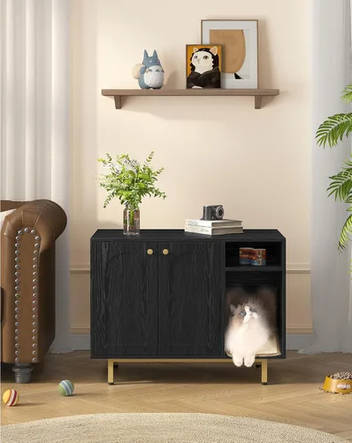 Miniatura 7 de Hzuaneri Caja de arena para gatos, mueble oculto con almacenamiento, armario grande de madera con alfombrilla de sisal, baño moderno para gatos