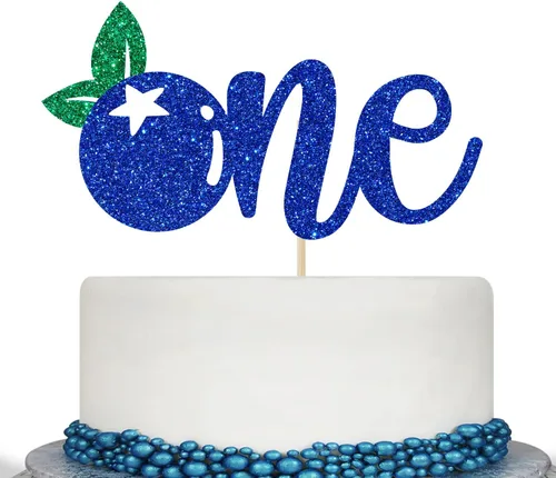 Calarjeta Decoración para pastel de primer cumpleaños de arándanos, papel apto para alimentos, 4.2 x 5.9 pies, purpurina azul y verde, decoración de