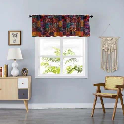 Cortinas de algodón y lino de retazos coloridos vintage boho con bolsillo para barra, cortina estética para ventana, panel de cortina para sala de