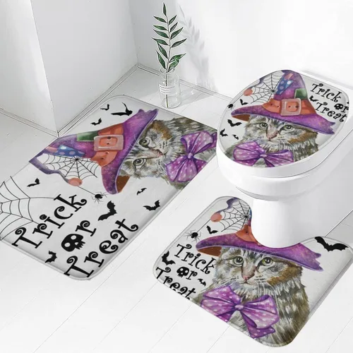 Miniatura 20 de Tapete de baño de 3 piezas de otoño con diseño de calabaza, color azul y verde, hojas de arce, cosecha, decoración de Acción de Gracias, juego