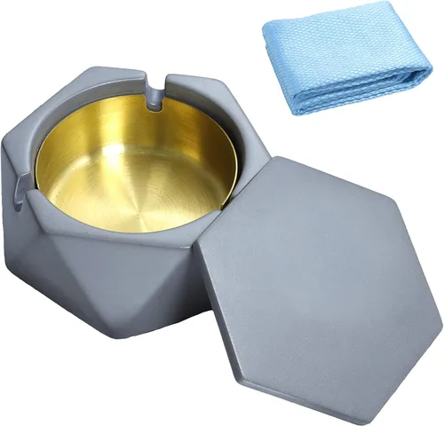 Miniatura 7 de Cenicero de hormigón para cigarrillos con tapa a prueba de viento, cenicero de cemento para uso en interiores o exteriores, bonita bandeja de ceniza