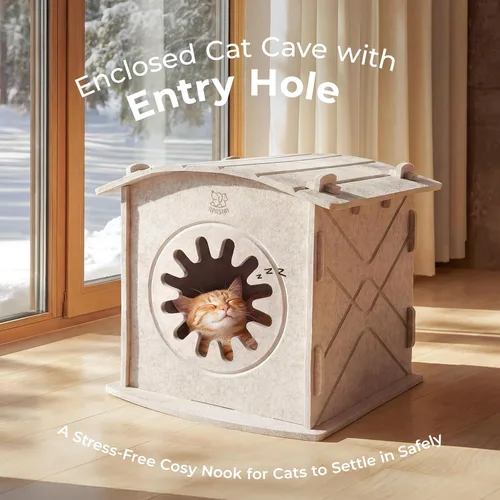 Miniatura 6 de Casas para Gatos de Interior: Casa Cueva de Fieltro para Gatos, Resistente a Arañazos, Cálida con Aislamiento y Cubierta, Tienda Refugio para Regalo