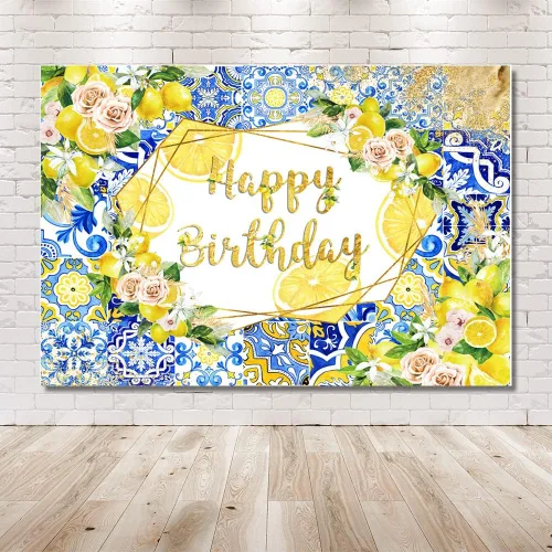 Miniatura 6 de MEHOFOND Telón de fondo de limón con diseño de feliz cumpleaños, azulejos azules, fondo mediterráneo de Marruecos, decoración de fiesta
