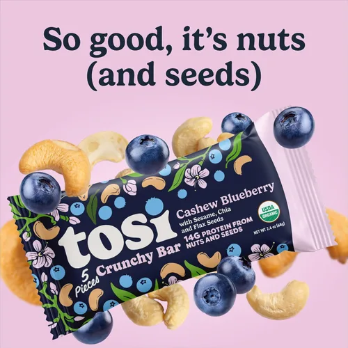 Miniatura 8 de Tosi Barras de nueces de comida, arándanos de anacardo, aperitivos saludables para adultos y niños, barra de proteínas crujientes a base de plantas