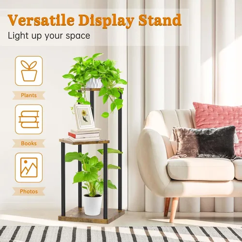 Miniatura 5 de Oppro Soporte para plantas de 3 niveles para interiores, soporte de esquina de metal de madera escalonada, soporte para macetas, estante de madera