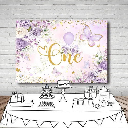 Miniatura 4 de MEHOFOND Telón de fondo de cumpleaños de un año para niñas de 7 x 5 pies, diseño floral morado, fondo de fotografía de Little Miss Onederful