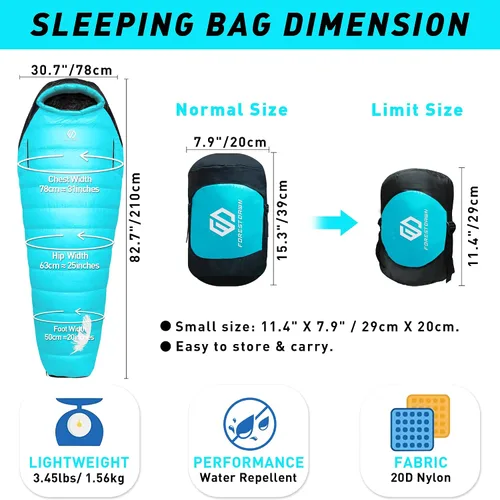 Miniatura 3 de Saco de dormir de plumón de 32/15 grados F, 550/650 plumón de potencia de relleno de plumón para clima frío, saco de dormir para adultos