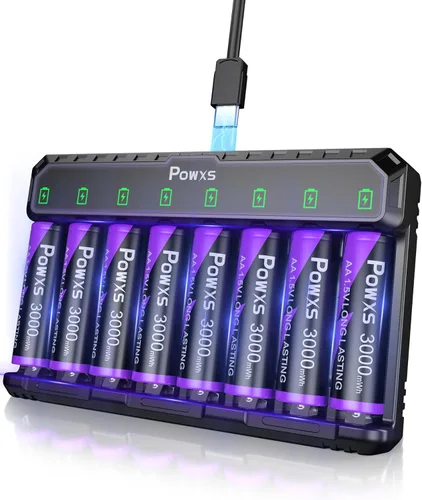 POWXS Baterías AA Recargables con Cargador USB-C, Paquete de 8 Baterías AA de Litio de 3000mWh, Cargador Rápido de Puerto Dual para Cámaras Blink,