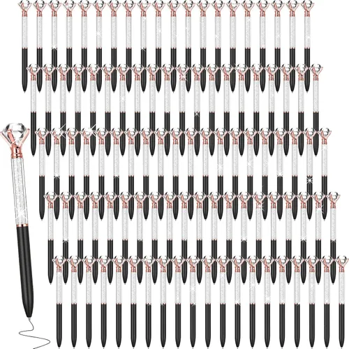 Sherr Paquete de 100 Bolígrafos de Diamante de Cristal Grandes Bonitos Bolígrafos de Punta Retráctiles con Pedrería de Cristal Brillante Gemas Negro