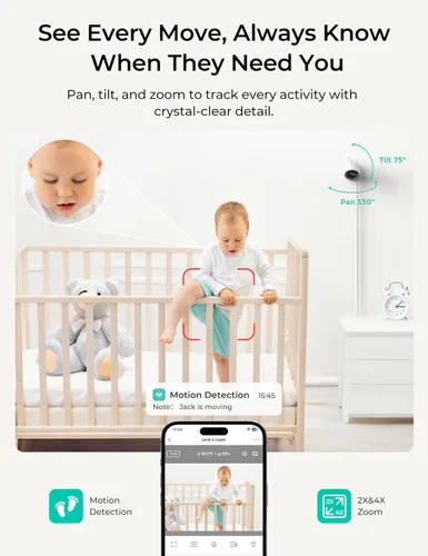 Miniatura 6 de Dr.Care VistaView Lite Smart WiFi Baby Monitor - Pantalla dividida 720P de 4 pulgadas y control de aplicación de cámara 1080P, alertas