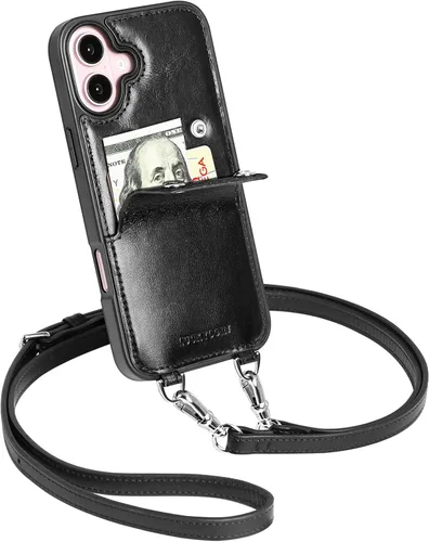 Miniatura 15 de LUCKYCOIN Funda tipo cartera cruzada para iPhone 14 Pro, funda de piel auténtica con protección contra caídas para mujer, con tarjetero expandible