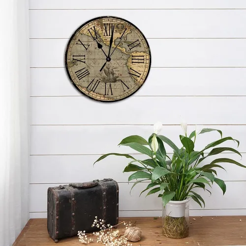 Miniatura 4 de Reloj de pared redondo de madera de estilo rústico, mapa del mundo retro, números romanos, reloj de madera, funciona con pilas, silencioso, sin