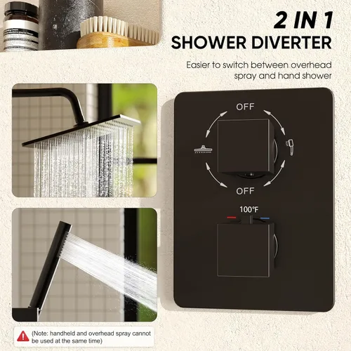 Miniatura 6 de Esnbia Sistema de ducha termostático negro, juego de grifo de ducha de metal con cabezal de ducha de lluvia de 10 pulgadas, cabezales de ducha