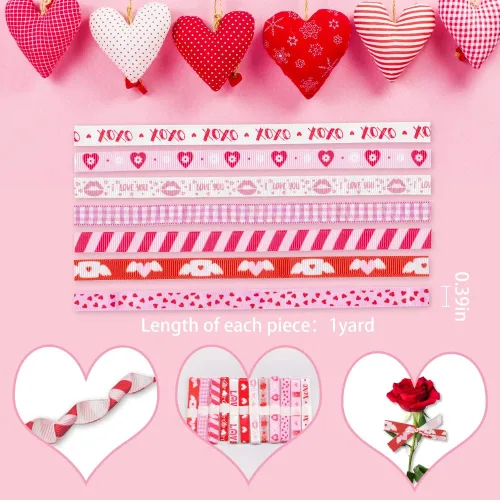 Miniatura 2 de Cintas de San Valentín de 12 yardas, cintas rojas y rosadas, cinta decorativa de grogrén XOXO, corazón de San Valentín, cintas de organza de 3/8
