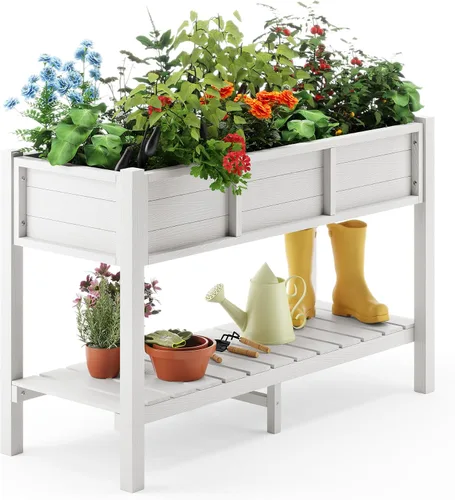 Miniatura 9 de LUE BONA Cama de jardín elevada con herramientas, 45 x 18 x 29 pulgadas, jardinera elevada de polietileno con patas y estante de almacenamiento