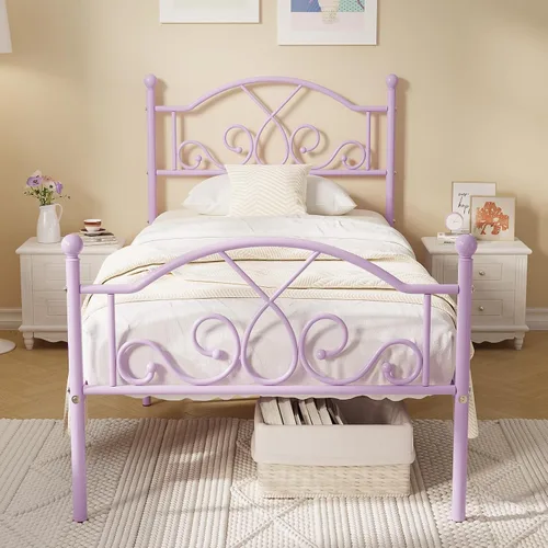 Miniatura 10 de Weehom Marco de cama individual, marcos de cama de metal modernos de tamaño individual para niños y niñas, no necesita somier, base de cama Rosa