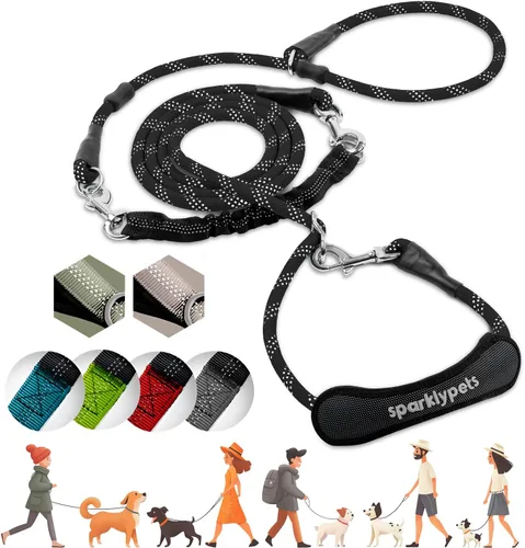 Miniatura 32 de Correa doble premium para dos perros, absorción de golpes, antitirón, doble correa para razas medianas y grandes con accesorio de correa doble