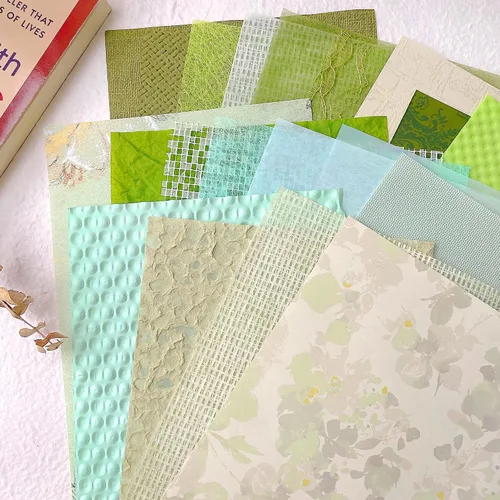 Miniatura 7 de Aromoty 20 piezas de papel artesanal para álbum de recortes, papel texturizado para manualidades, papel Morandi A5 en malla, tela de morera, mezcla