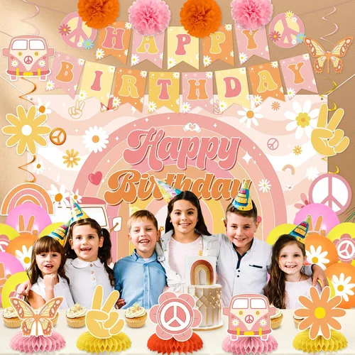 Miniatura 5 de Decoraciones de cumpleaños geniales para niñas y niños, retro hippie margarita, pancarta de feliz cumpleaños, telón de fondo de panal de abeja