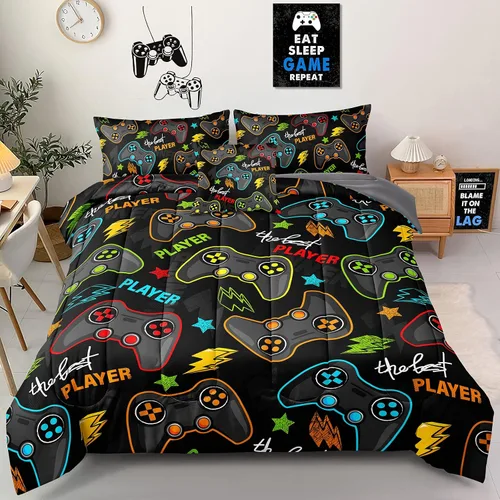 Juego de ropa de cama gaming de 5 piezas tamaño Twin para niños, juego de edredón gamer para niños, niñas, adolescentes, 5 piezas de ropa de cama en