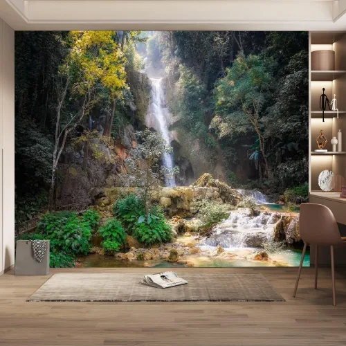Miniatura 13 de Papel pintado de cascada de bosque, diseño cálido de plantas tropicales, papel tapiz Art Deco, para sala de estar, fondo de televisión, no se pega