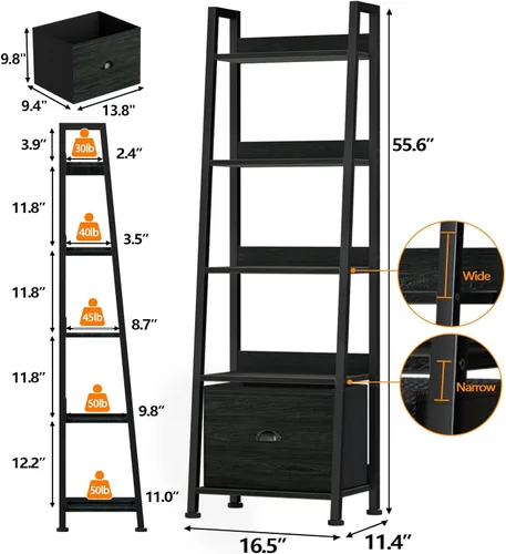 Miniatura 3 de Furologee estantería de escalera de 5 niveles, estantería estrecha con cajón, estantería industrial de 55.6" de alto, organizador de almacenamiento