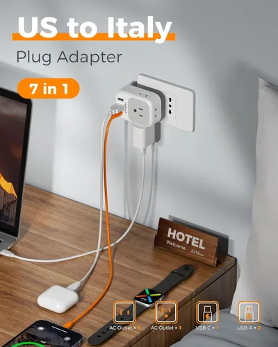 Miniatura 3 de Adaptador de enchufe de viaje para Italia, paquete de 2, adaptador de corriente TESSAN Italia con 4 tomacorrientes, 3 cargadores USB