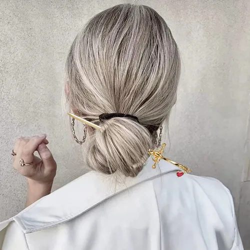 Miniatura 5 de Paquete de 2 accesorios para el cabello con borla de espada china para mujer, moños con gemas para el cabello (dorado)