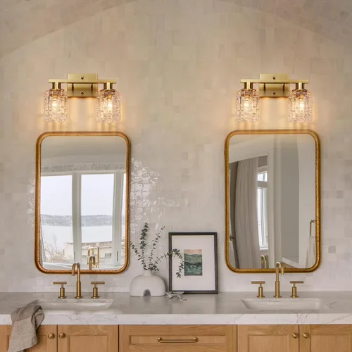 Miniatura 2 de 2 luces de tocador de baño de oro cepillado sobre el espejo, iluminación moderna de tocador con pantalla de cristal de cristal, accesorios