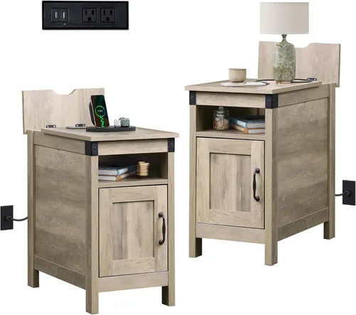 Miniatura 10 de WLIVE - Mesa auxiliar con estación de carga; mesa auxiliar estrecha para sala de estar, mesa de noche de estilo granja con almacenamiento, pequeño