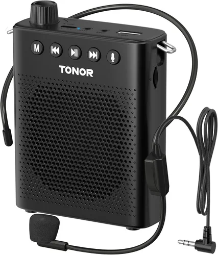 TONOR Amplificador de voz portátil para profesores, mini sistema recargable con micrófono de auriculares con cable de 39.4 in/3 pies y cintura,