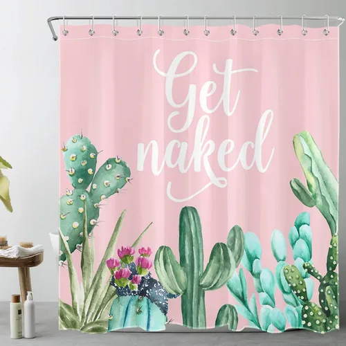 Miniatura 9 de LB Get Naked - Cortina de ducha de cactus con citas divertidas, plantas tropicales, suculentas, verdes, acuarela, cactus y flores, cortinas de ducha