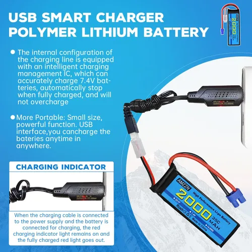 Miniatura 4 de Batería Lipo de 7.4V 2000mAh 35C 2S EC2 Plug Lipo con cable de carga USB para coche RC, modelo de camión, barco de control remoto, RC Quadcopter