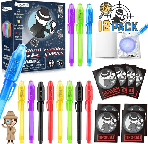 Joycover 12 bolígrafos de tinta invisible con luz UV para niños, bolígrafos espía y cuaderno, recuerdos de fiesta de cumpleaños para niños de 4 a 8