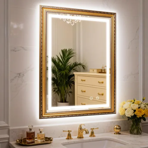 Miniatura 13 de ROLOVE Espejo antiguo negro y dorado de 23 x 33 pulgadas para pared, espejos vintage iluminados para baño con antivaho, marco impermeable, vidrio